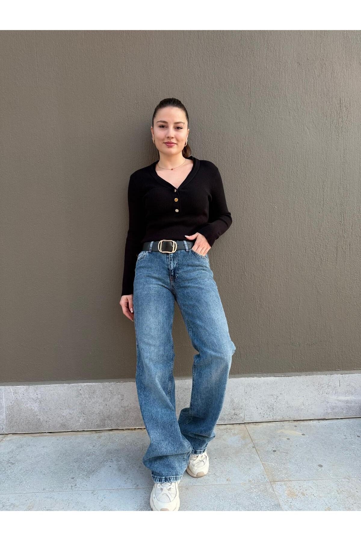 Kadın Yüksek Bel Kemerli Wide leg Jean Pantolon