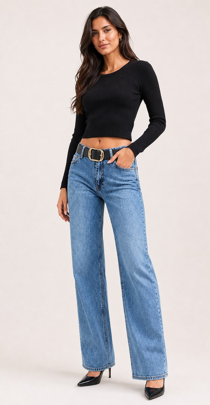 Kadın Yüksek Bel Kemerli Wide leg Jean Pantolon