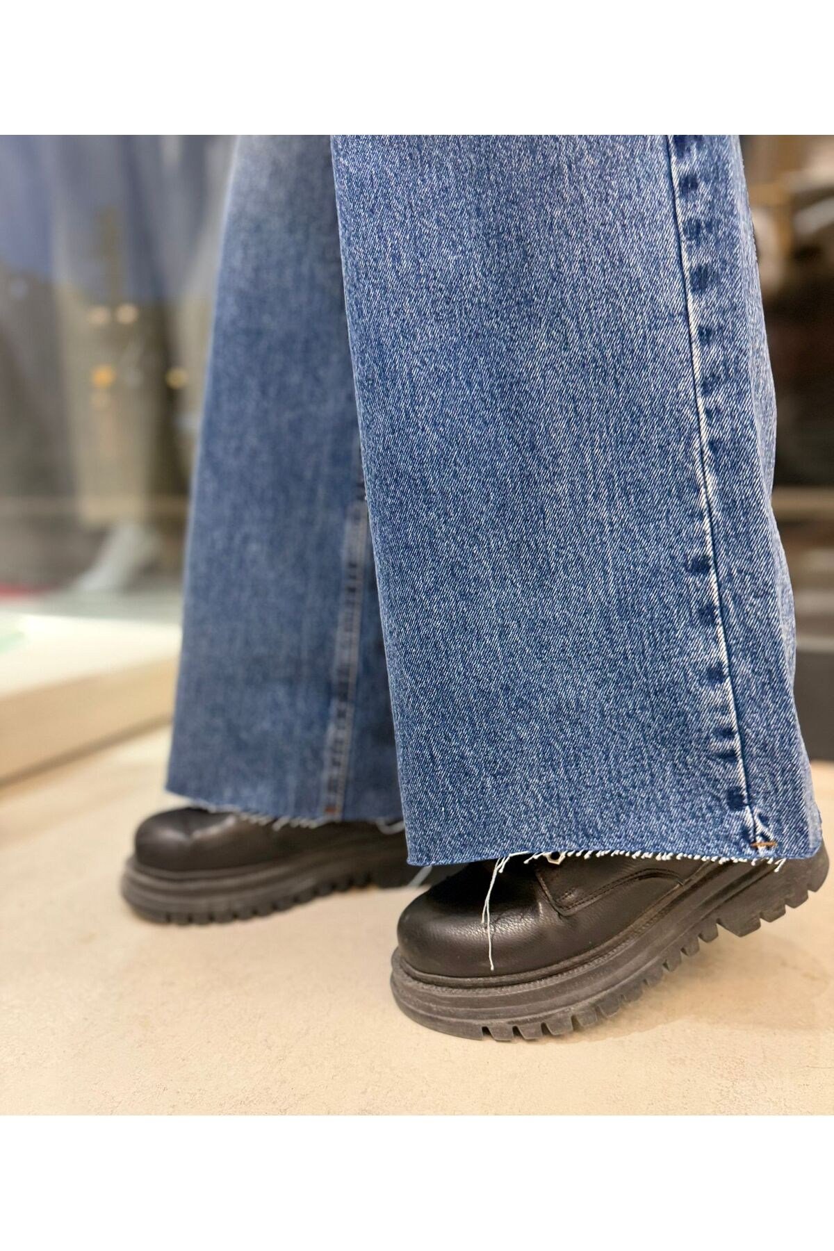 Kadın Yüksek Bel Kesik Paça Wide Leg Vintage Mavi Jean Pantolon