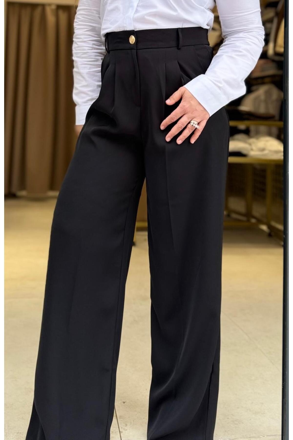 Kadın Yüksek Bel Siyah Palazzo Pantolon – Bol Paça Pile Detaylı