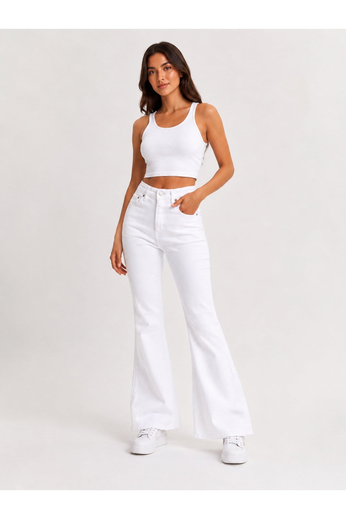 Kadın Yüksek Bel Wide Leg Beyaz Jean Pantolon