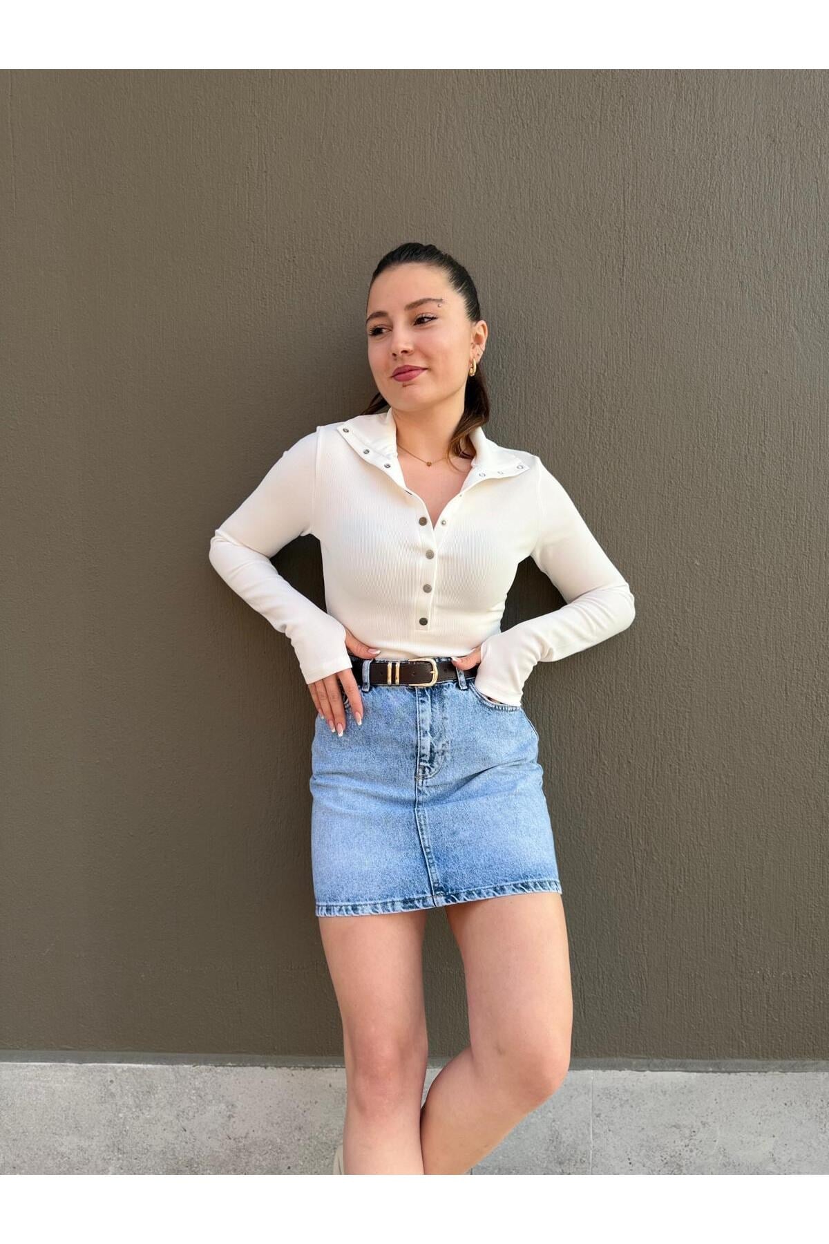 Mini Jean Etek – Yüksek Bel Basic Denim Kadın Etek