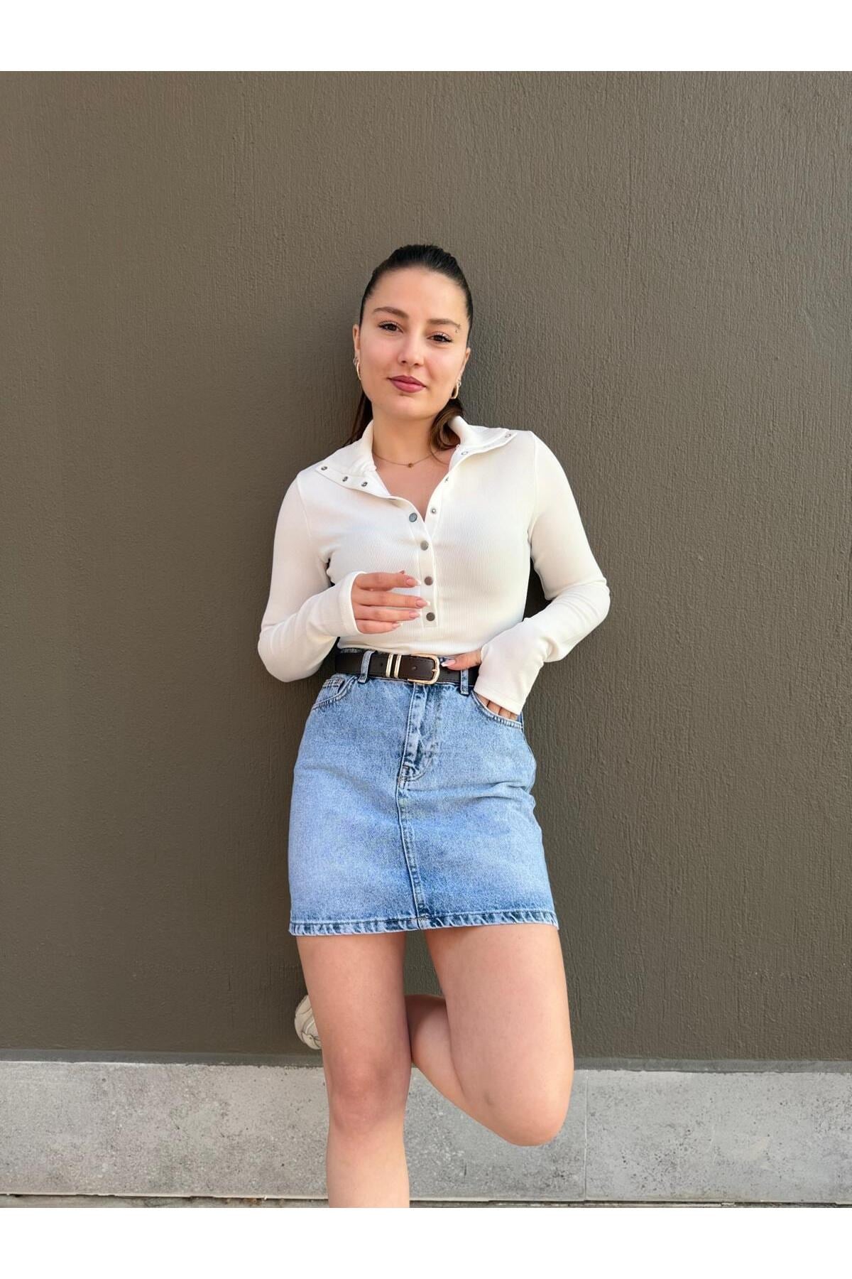 Mini Jean Etek – Yüksek Bel Basic Denim Kadın Etek