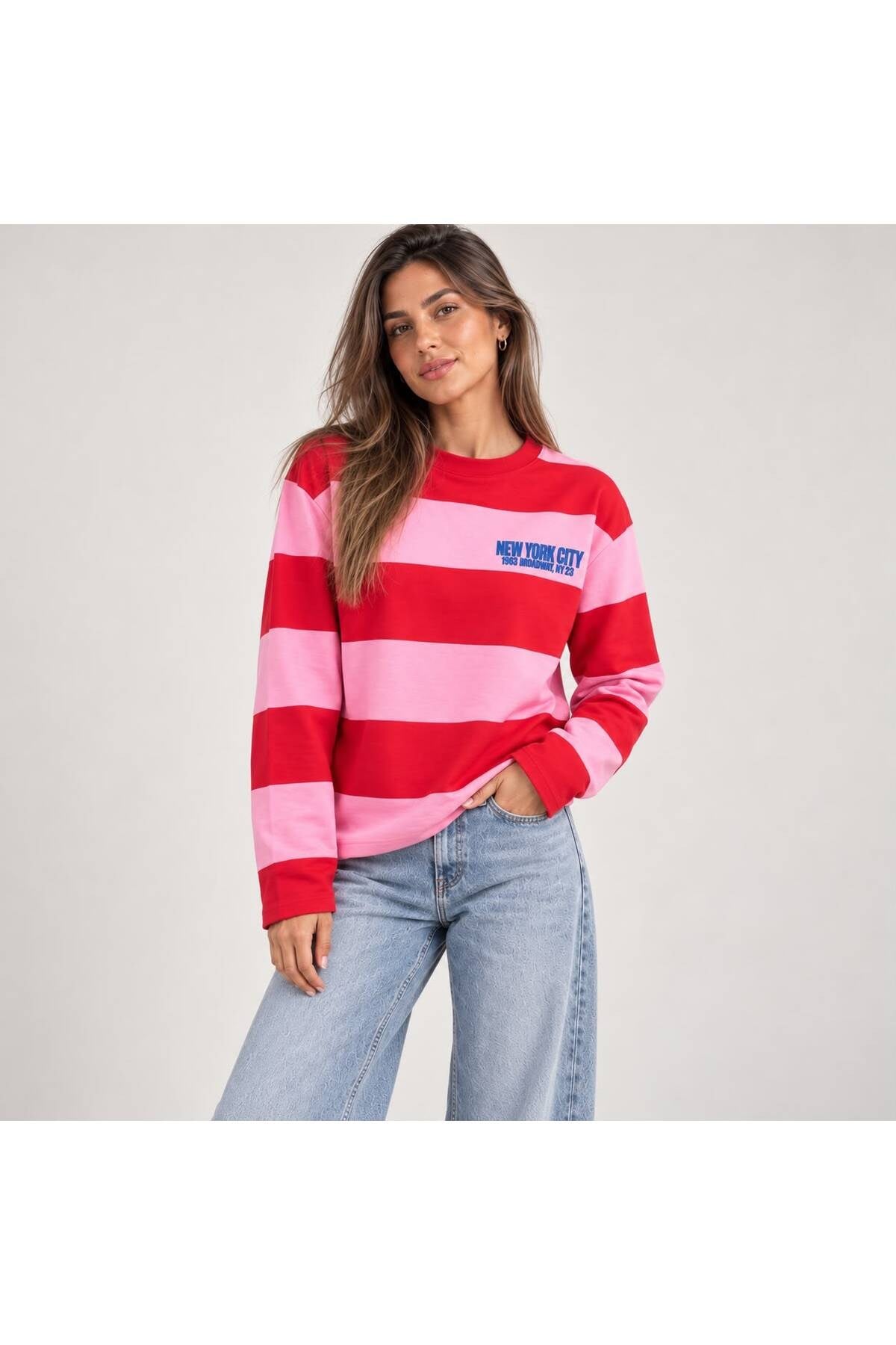 New York Baskılı Oversize Çizgili Sweatshirt