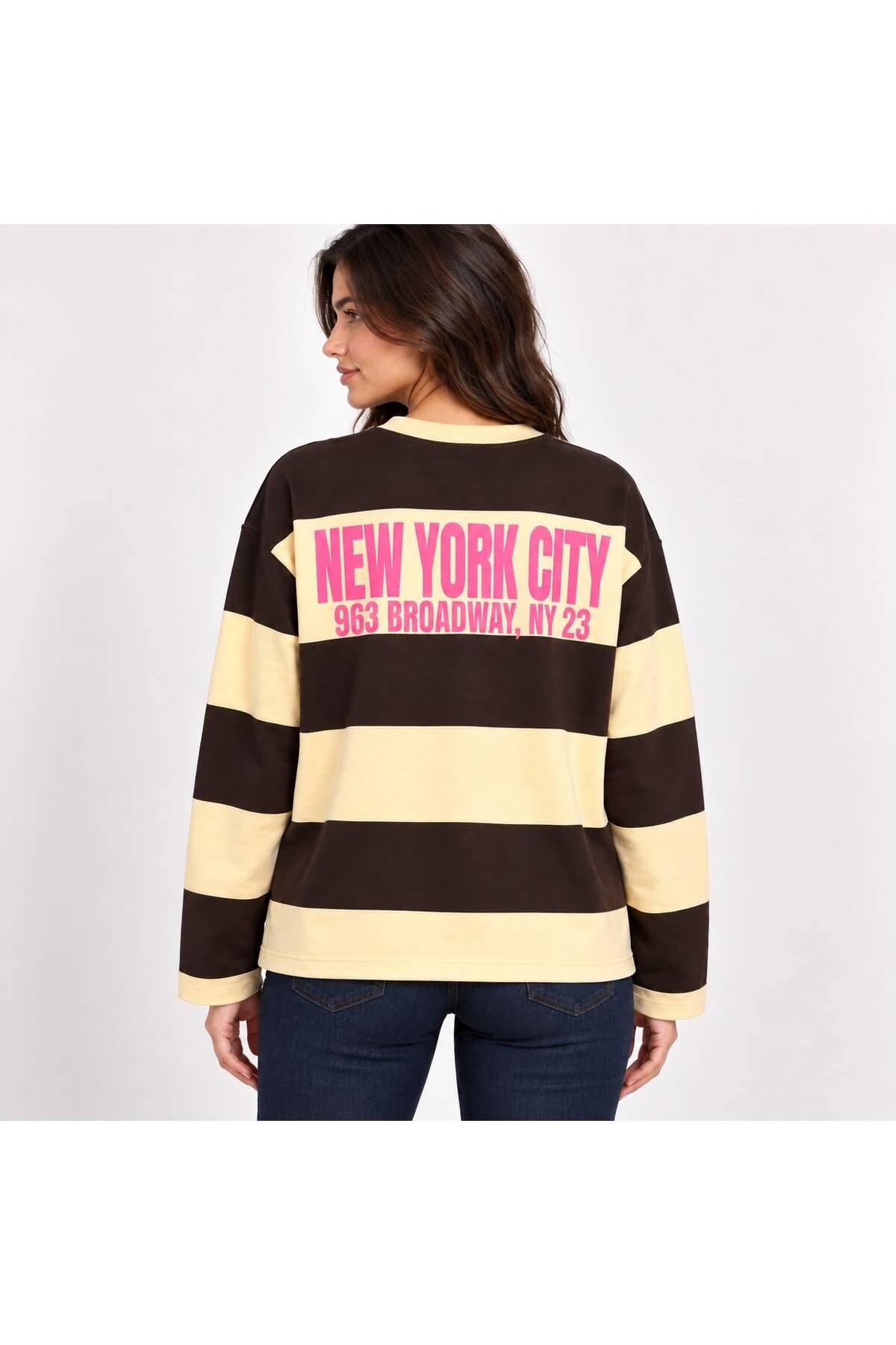 New York Baskılı Oversize Çizgili Sweatshirt