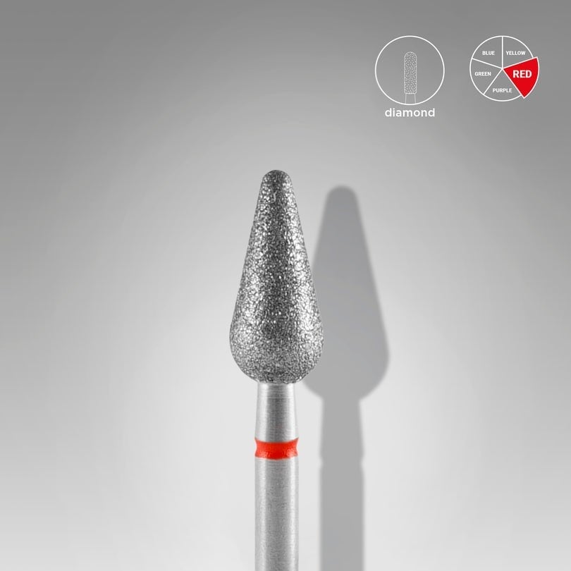 Elmas Yuvarlanmış Armut Freze, Kırmızı, Çap 5 mm, Çalışma Kısmı 12 mm