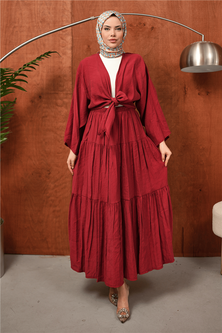 Bordo Bağlama Detaylı Katlı Tesettür Elbise kadın giyim ürün görseli Arzestore
