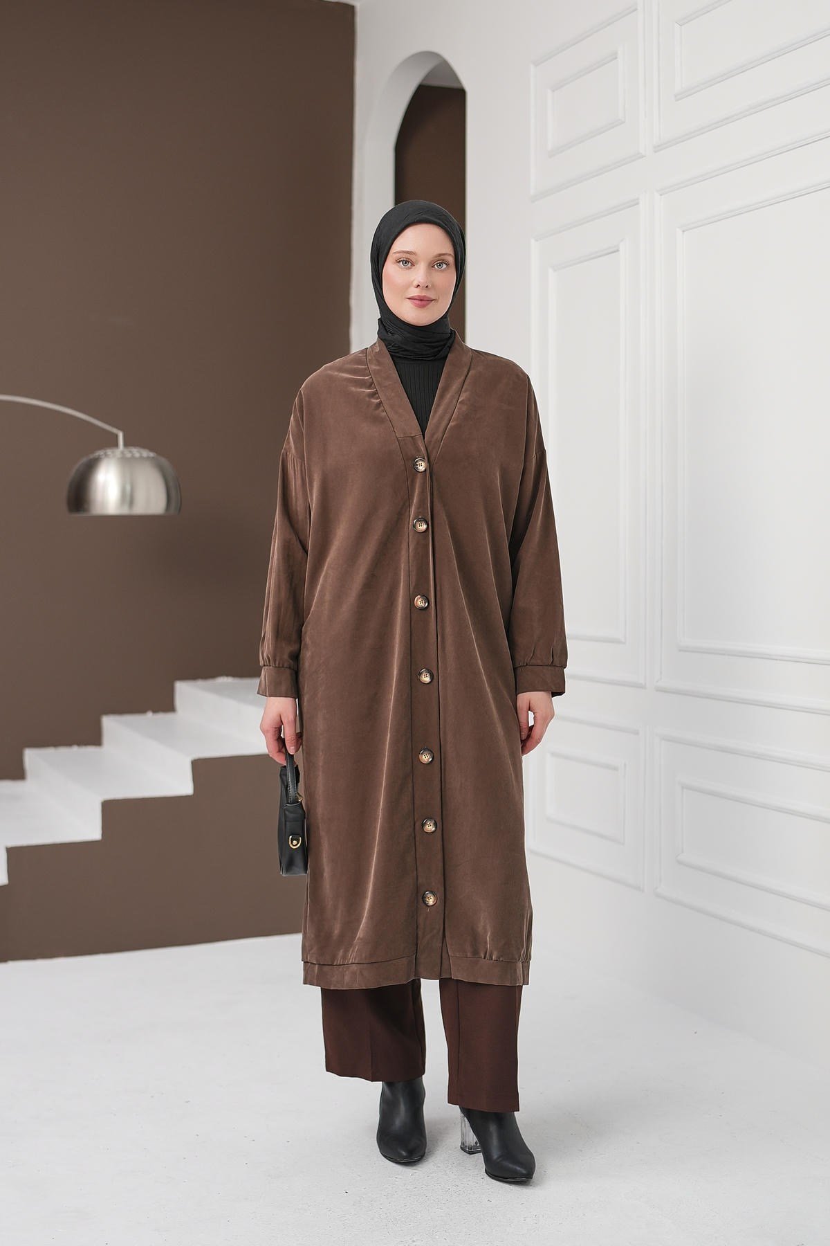 Boydan Düğmeli Tencel Kap - Kahverengi kadın giyim ürün görseli Arzestore