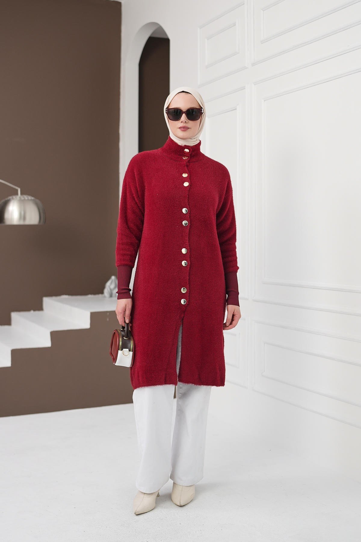 Düğmeli Yumoş Hırka - Kırmızı kadın giyim ürün görseli Arzestore