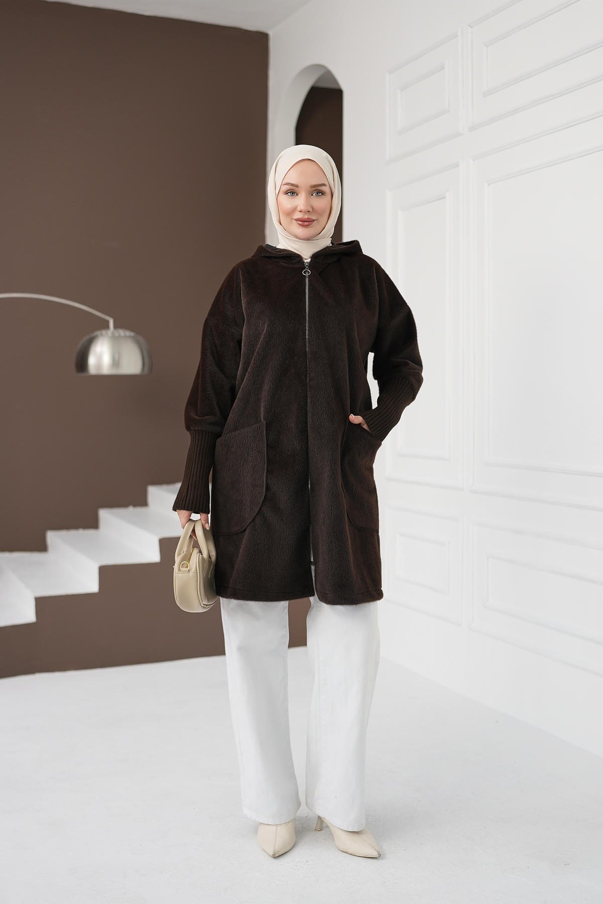 Fermuarlı Cepli Fox Hırka - Kahverengi kadın giyim ürün görseli Arzestore