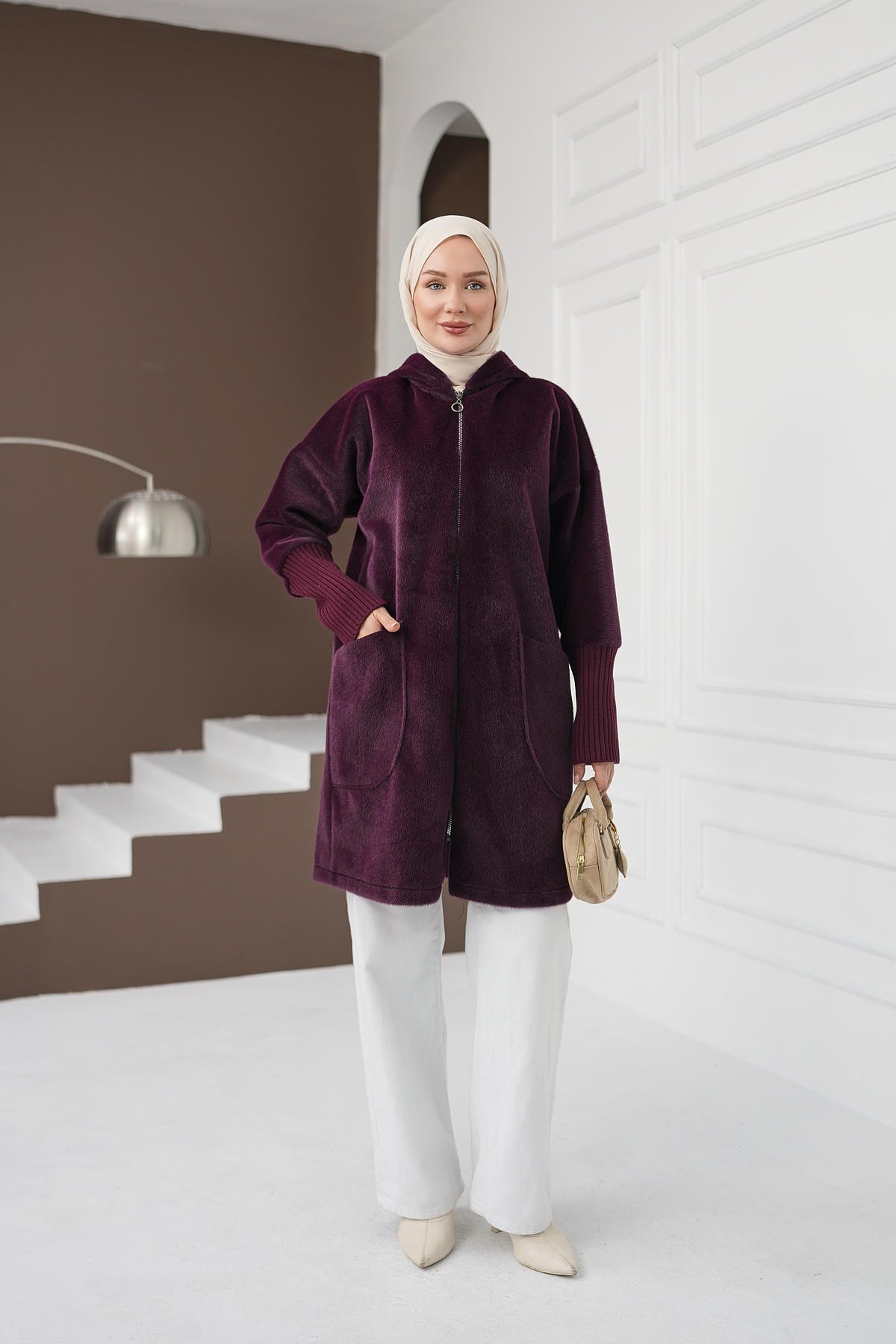 Fermuarlı Cepli Fox Hırka - Mürdüm kadın giyim ürün görseli Arzestore