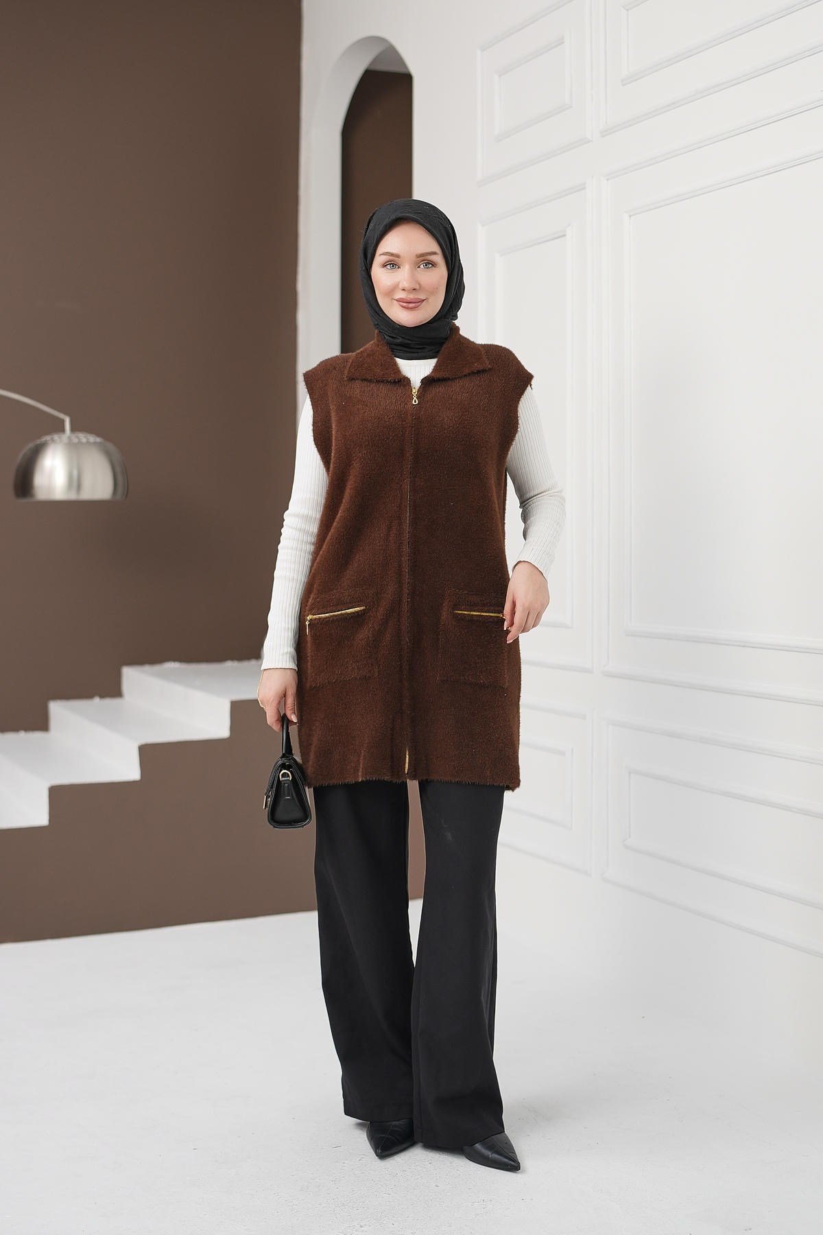 Fermuarlı Cepli Yumoş Yelek - Kahverengi kadın giyim ürün görseli Arzestore
