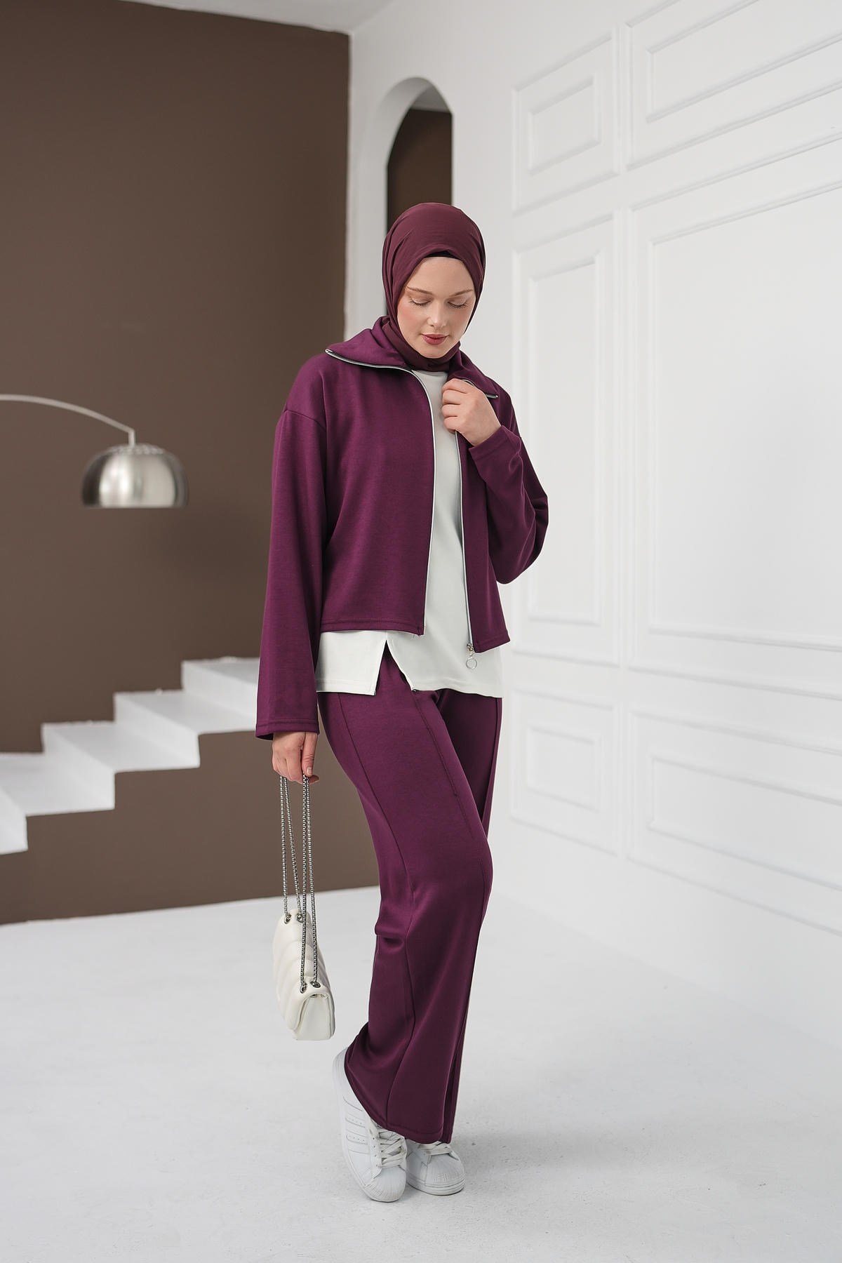 Fermuarlı Üçlü Pantolon Takım - Mürdüm kadın giyim ürün görseli Arzestore