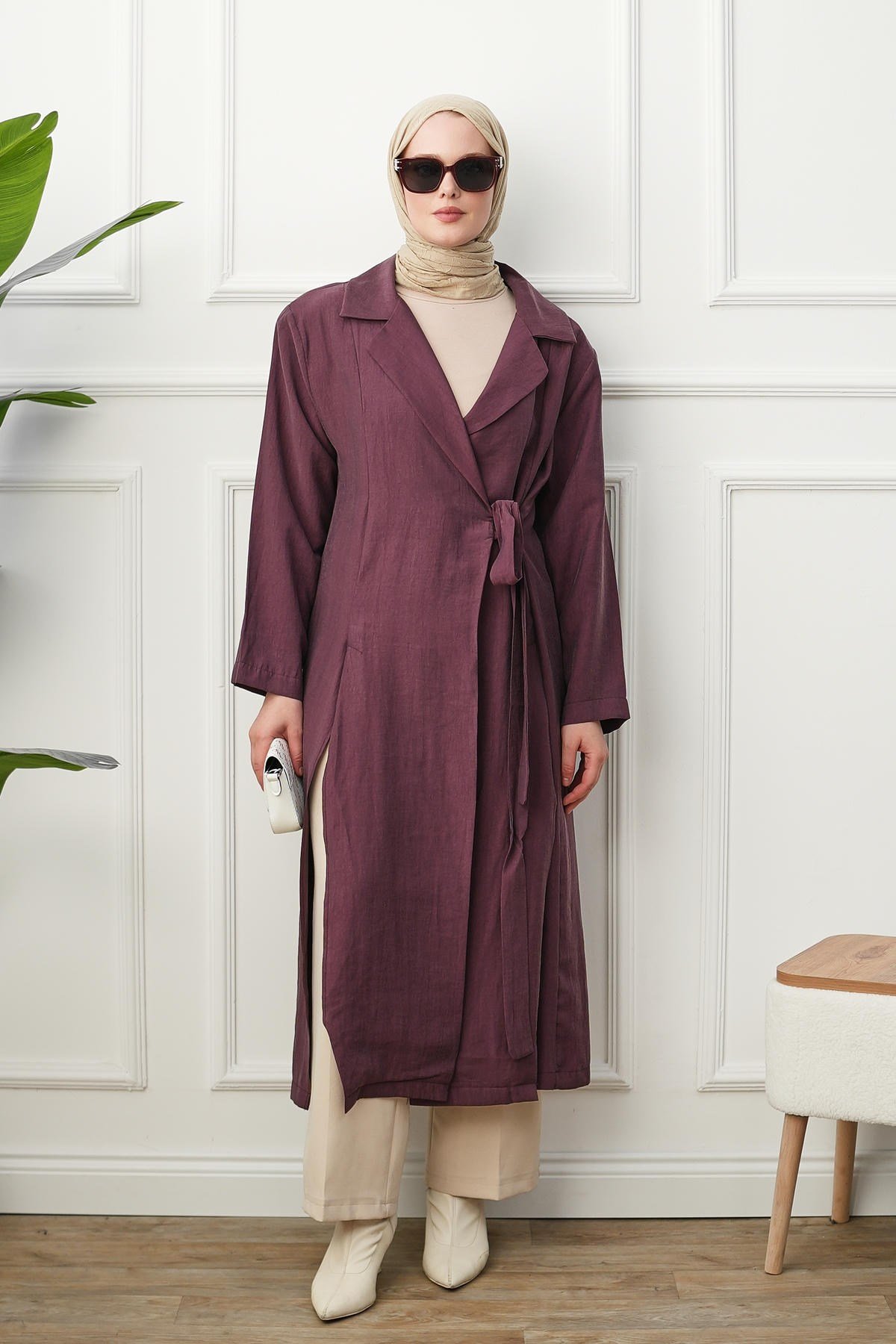 Gömlek Yaka Yırtmaçlı Kimono Kap - Bordo kadın giyim ürün görseli Arzestore