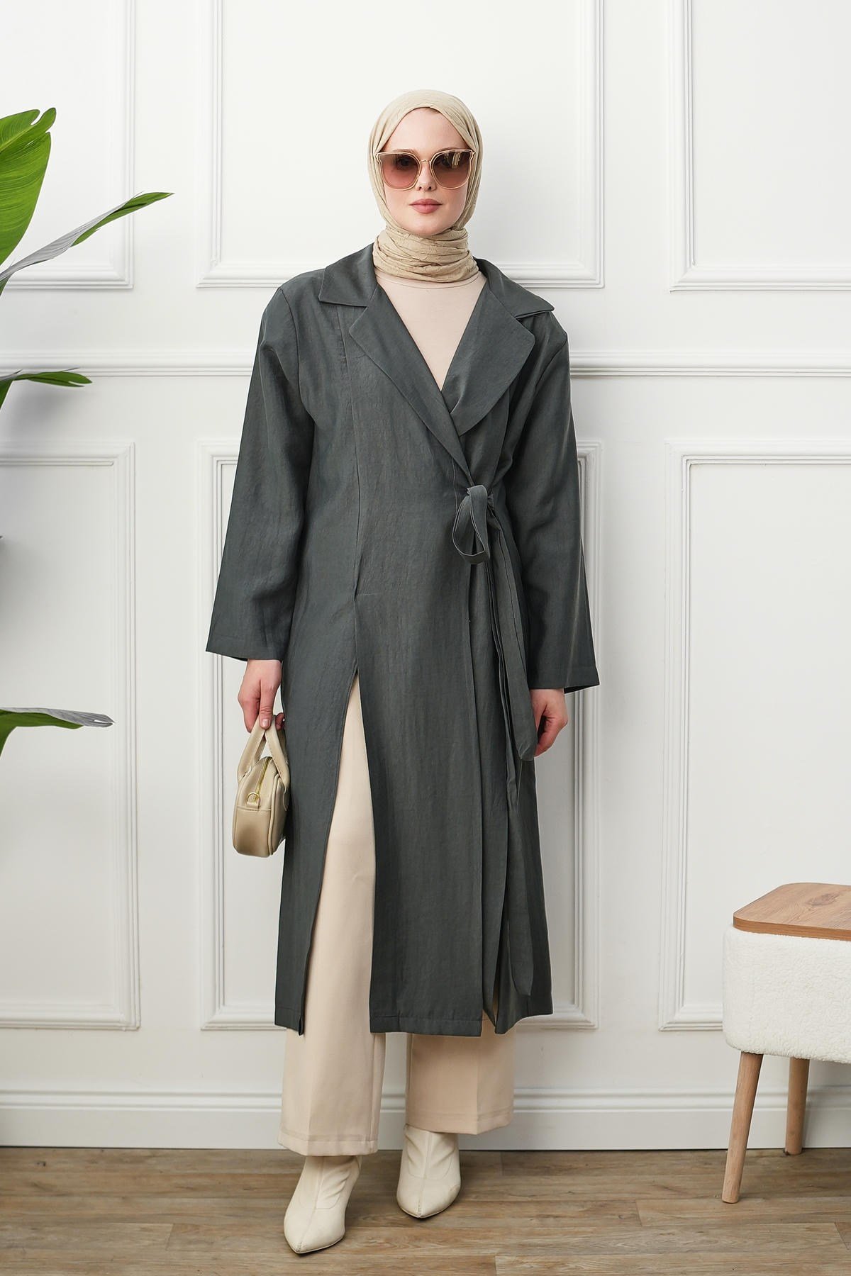 Gömlek Yaka Yırtmaçlı Kimono Kap - Gri kadın giyim ürün görseli Arzestore