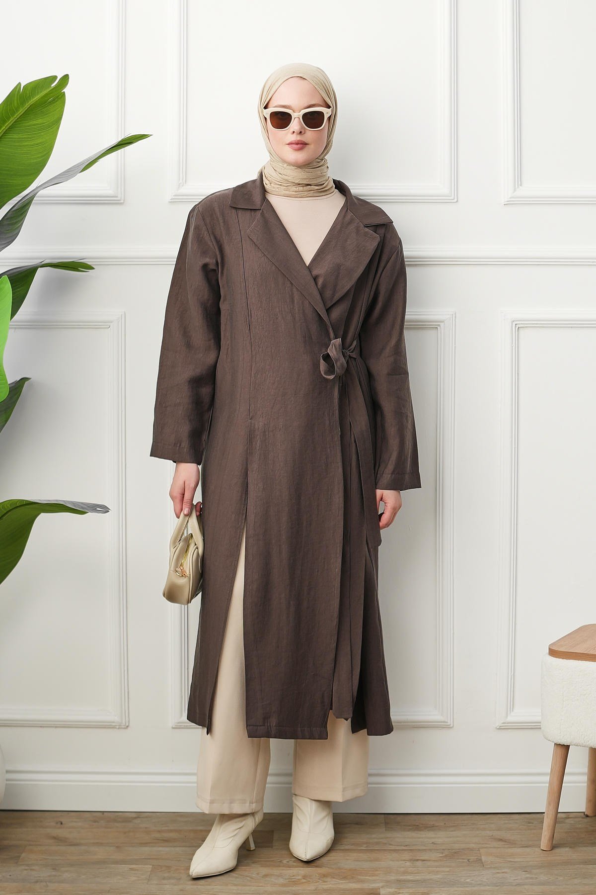 Gömlek Yaka Yırtmaçlı Kimono Kap - Kahverengi kadın giyim ürün görseli Arzestore