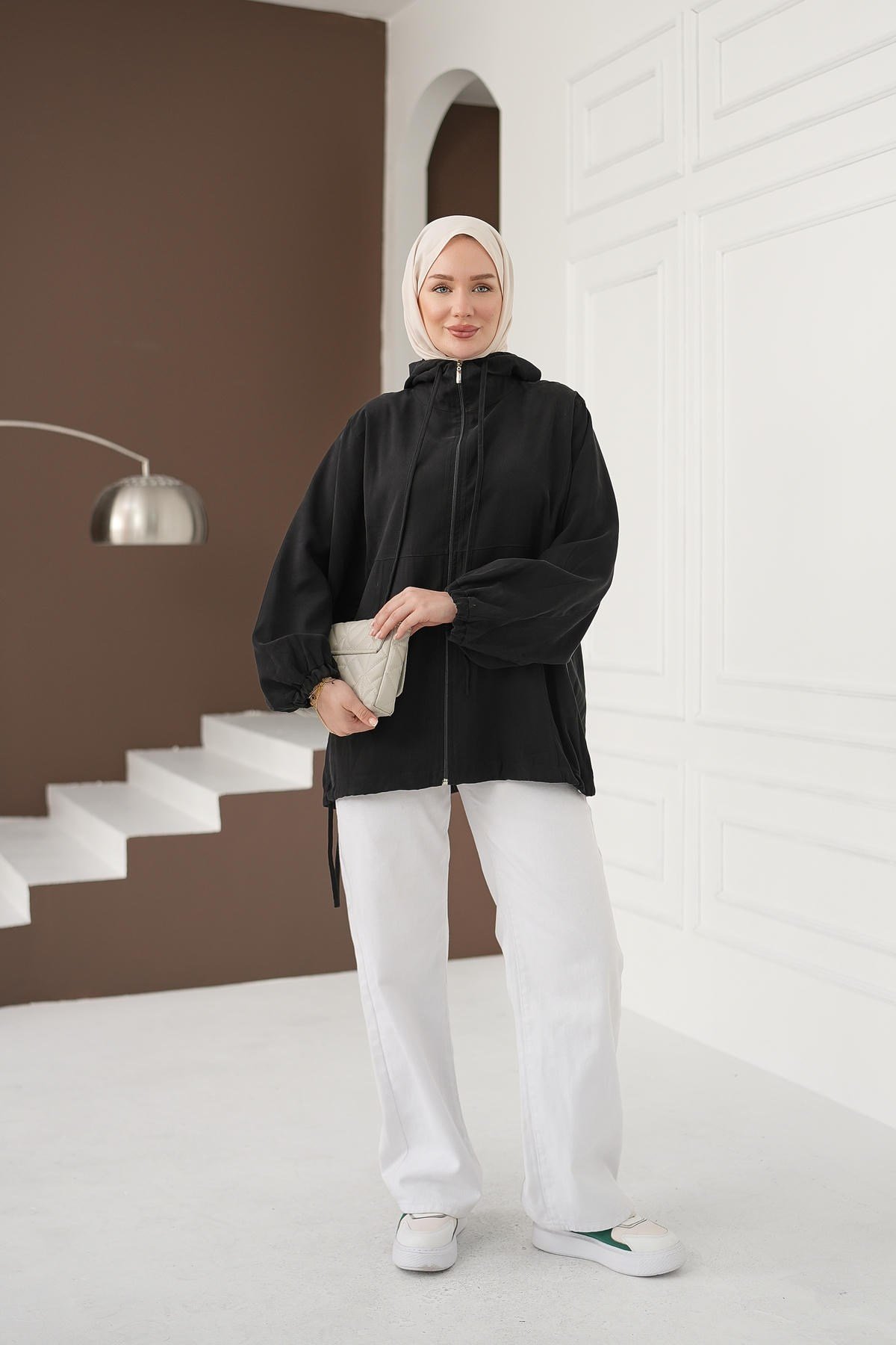 Kapüşonlu Fermuarlı Tencel Ceket - Siyah kadın giyim ürün görseli Arzestore