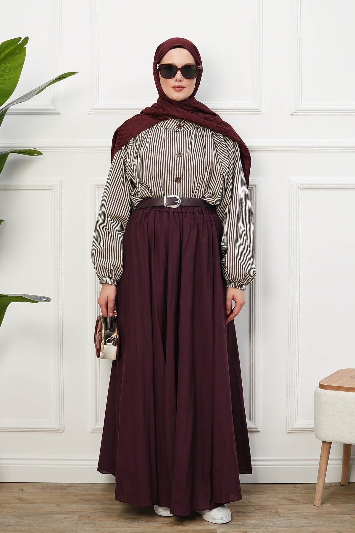 Kemerli Astarlı Vual Etek - Bordo kadın giyim ürün görseli Arzestore