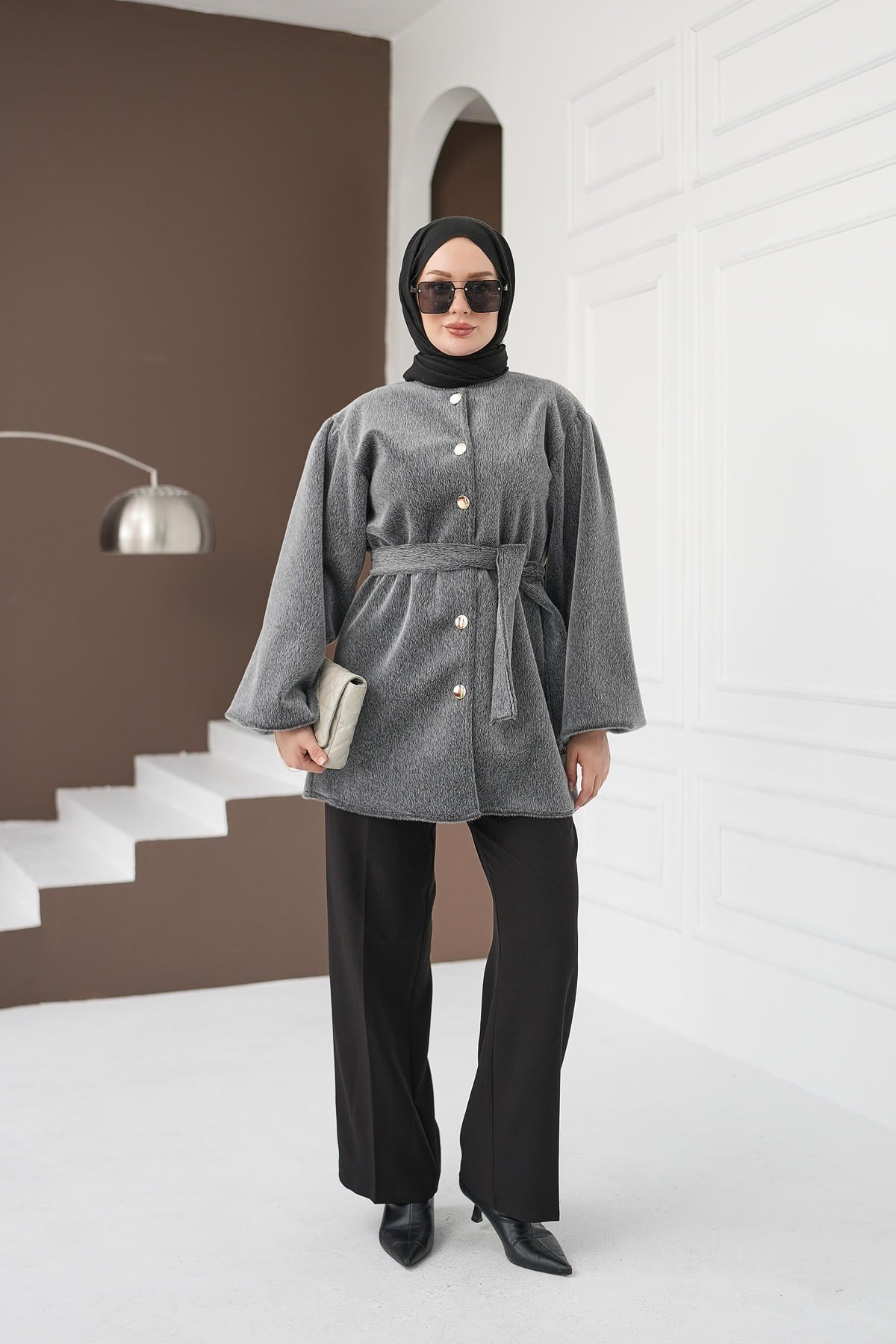Kemerli Fox Ceket - Gri kadın giyim ürün görseli Arzestore