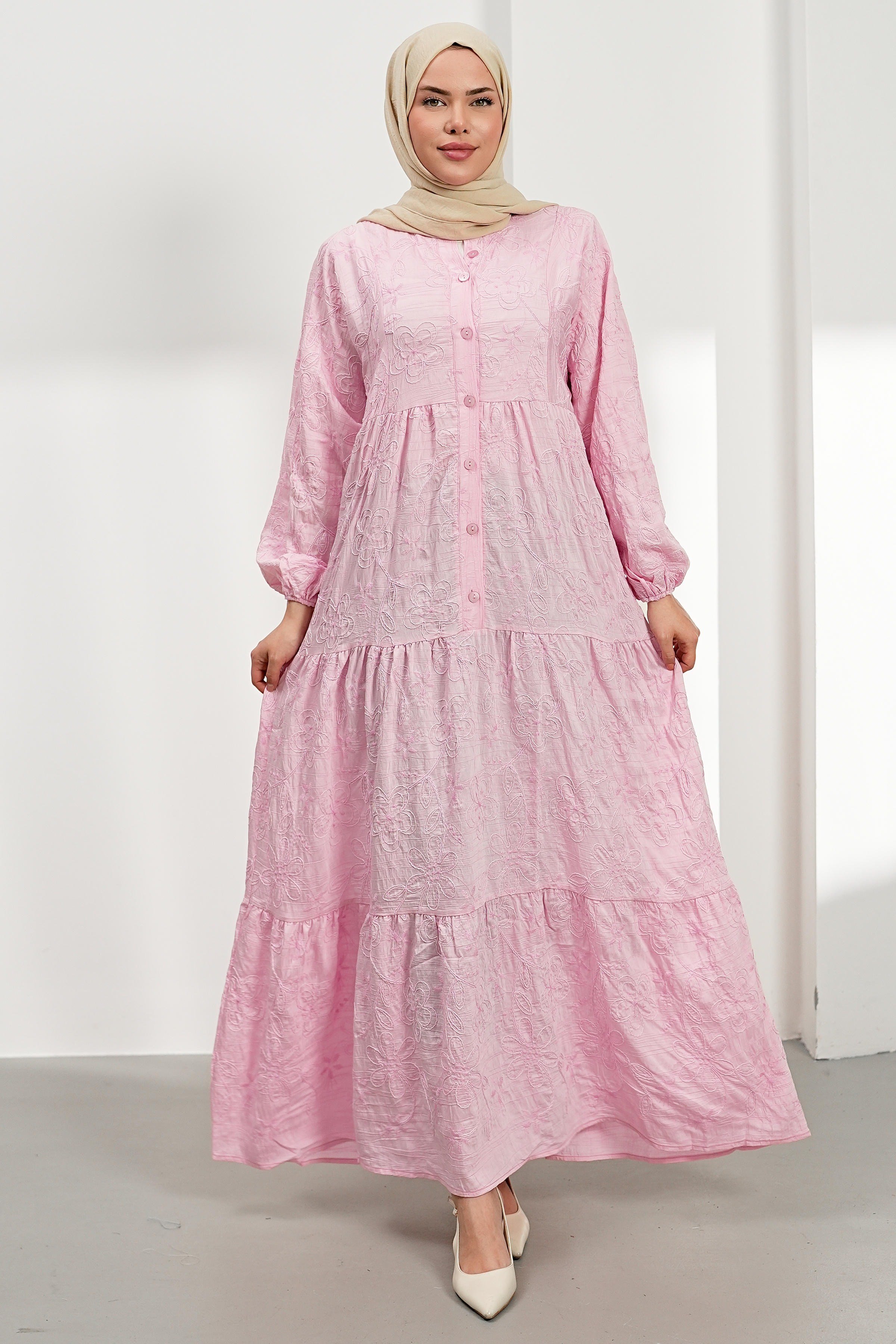 Nakışlı Kat Kat Elbise - Pembe kadın giyim ürün görseli Arzestore