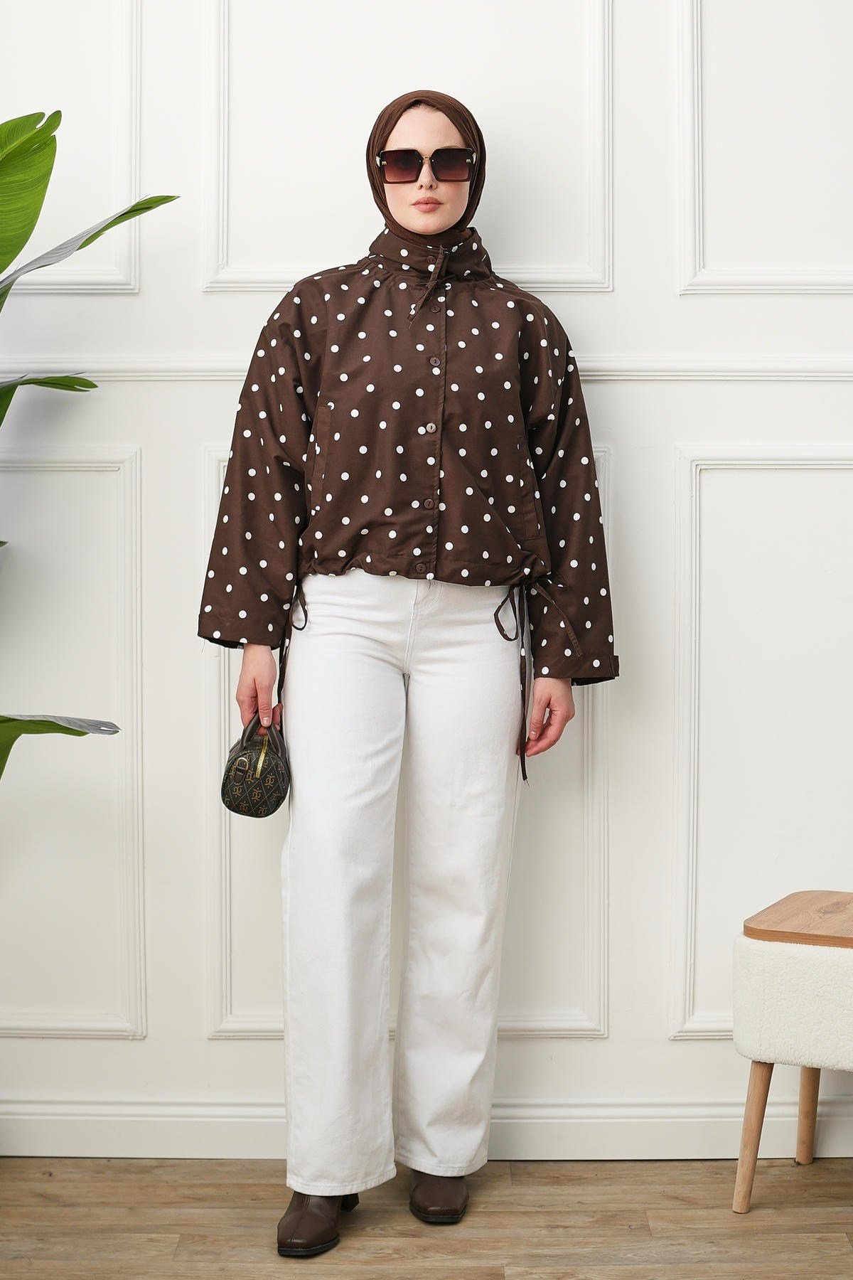 Puantiyeli Kartepe Baskılı Astarlı Ceket - Kahverengi kadın giyim ürün görseli Arzestore