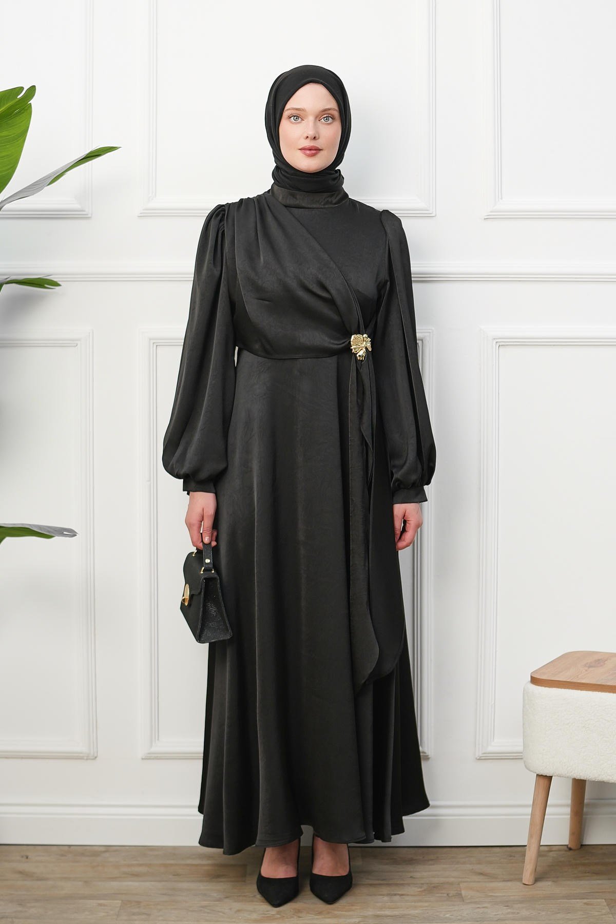 Saten İpek Elbise - Siyah kadın giyim ürün görseli Arzestore