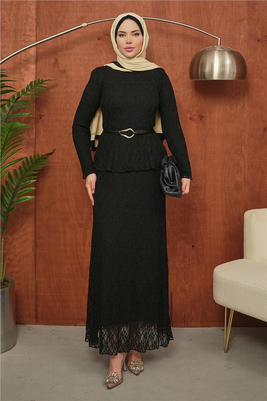 Siyah Dantel Detaylı Peplum Tesettür Takım kadın giyim ürün görseli Arzestore