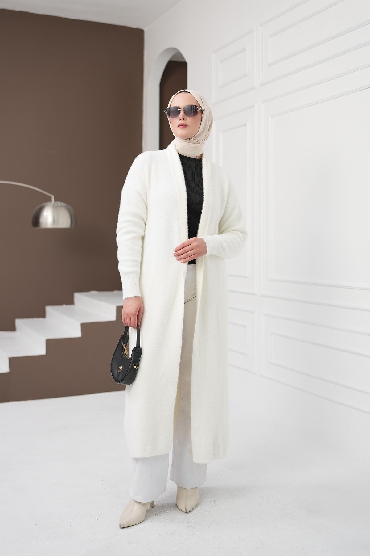 Uzun Yumoş Hırka - Beyaz kadın giyim ürün görseli Arzestore