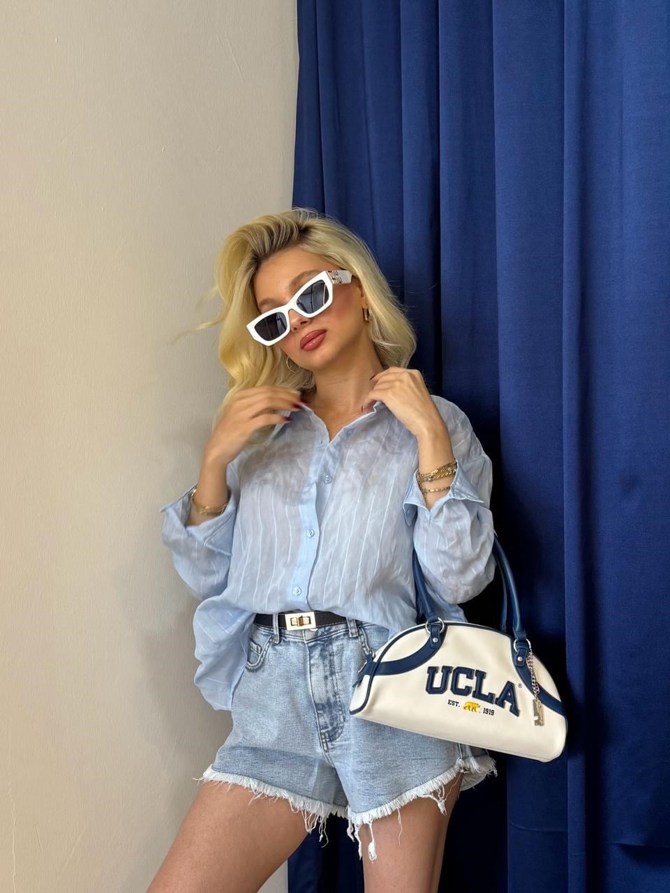 Mavi Düğmeli Oversize Gömlek