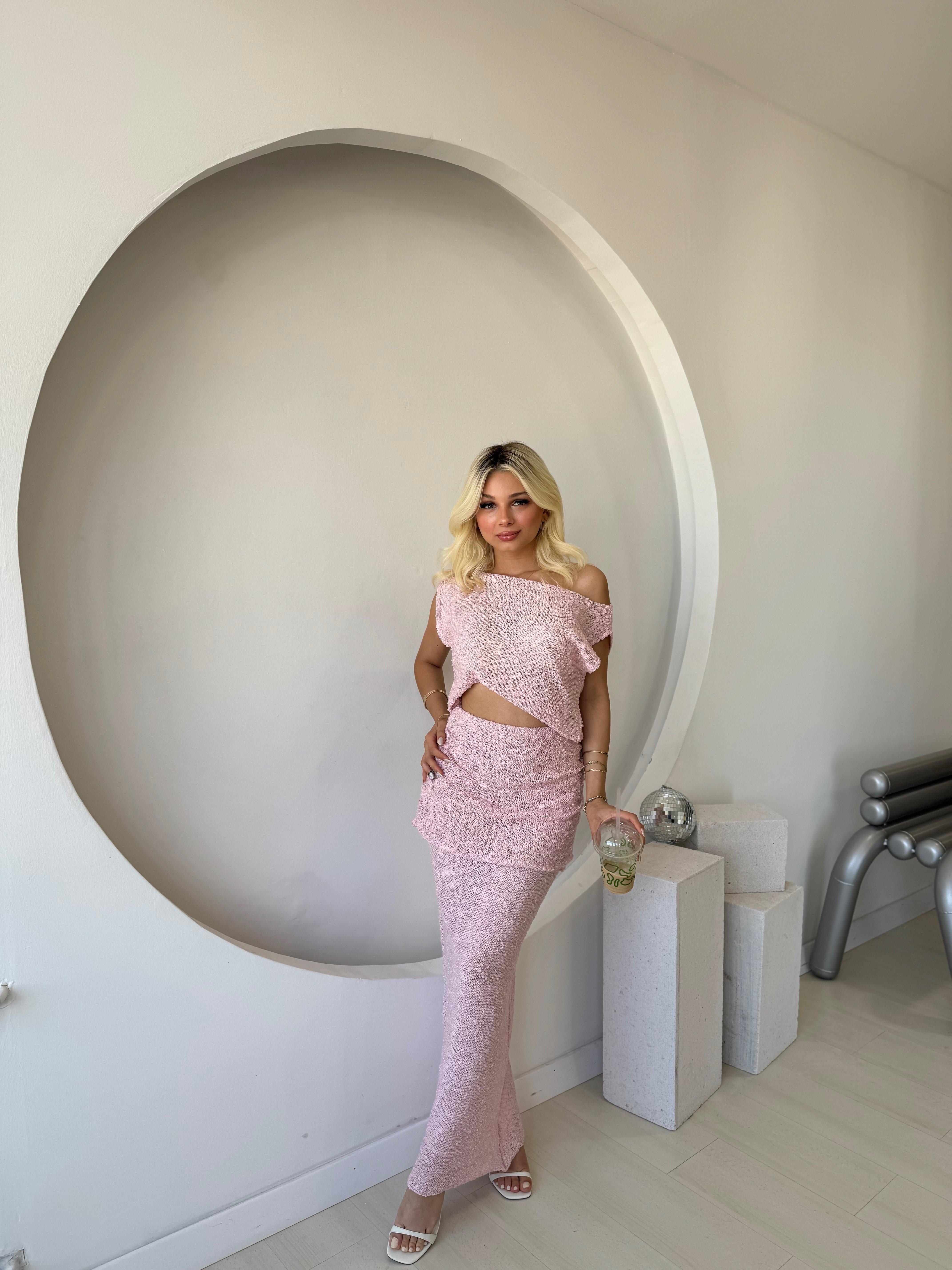Pembe Dokulu Drape Detaylı İkili Takım