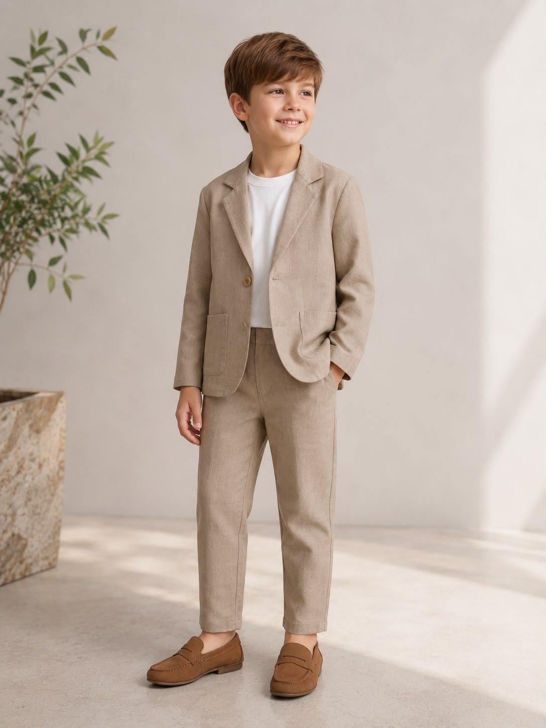 Erkek Çocuk Keten Blazer Ceket Pantolon ve Tshirtlü 3 lü Takım