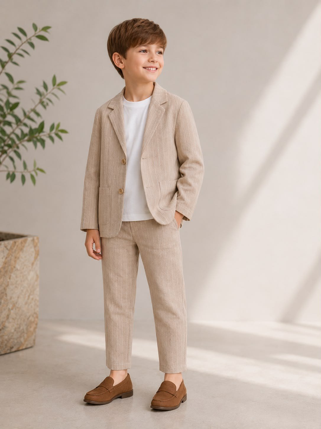 Erkek Çocuk Keten Çizgili Blazer Ceket Pantolon ve Tshirtlü 3 lü Takım