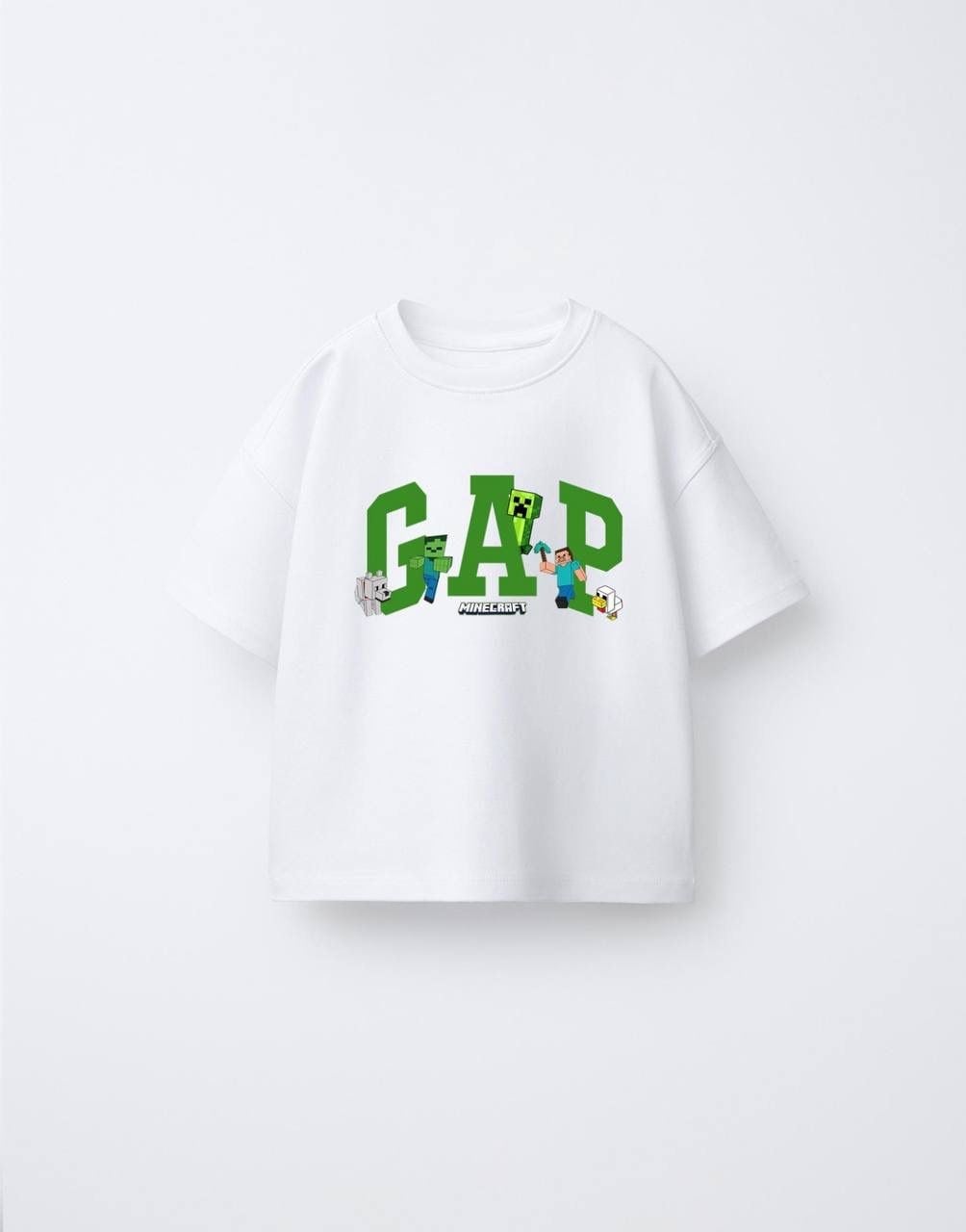 Erkek Çocuk Minecraft Ön Arka Baskılı Oversize Tshirt Beyaz