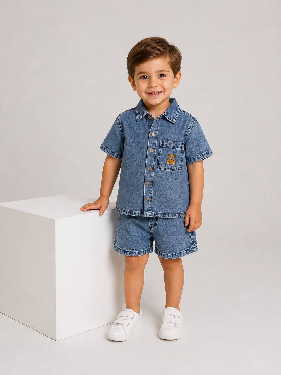 Erkek Çocuk Teddy Nakışlı Denim Gömlek & Denim Şort Takım
