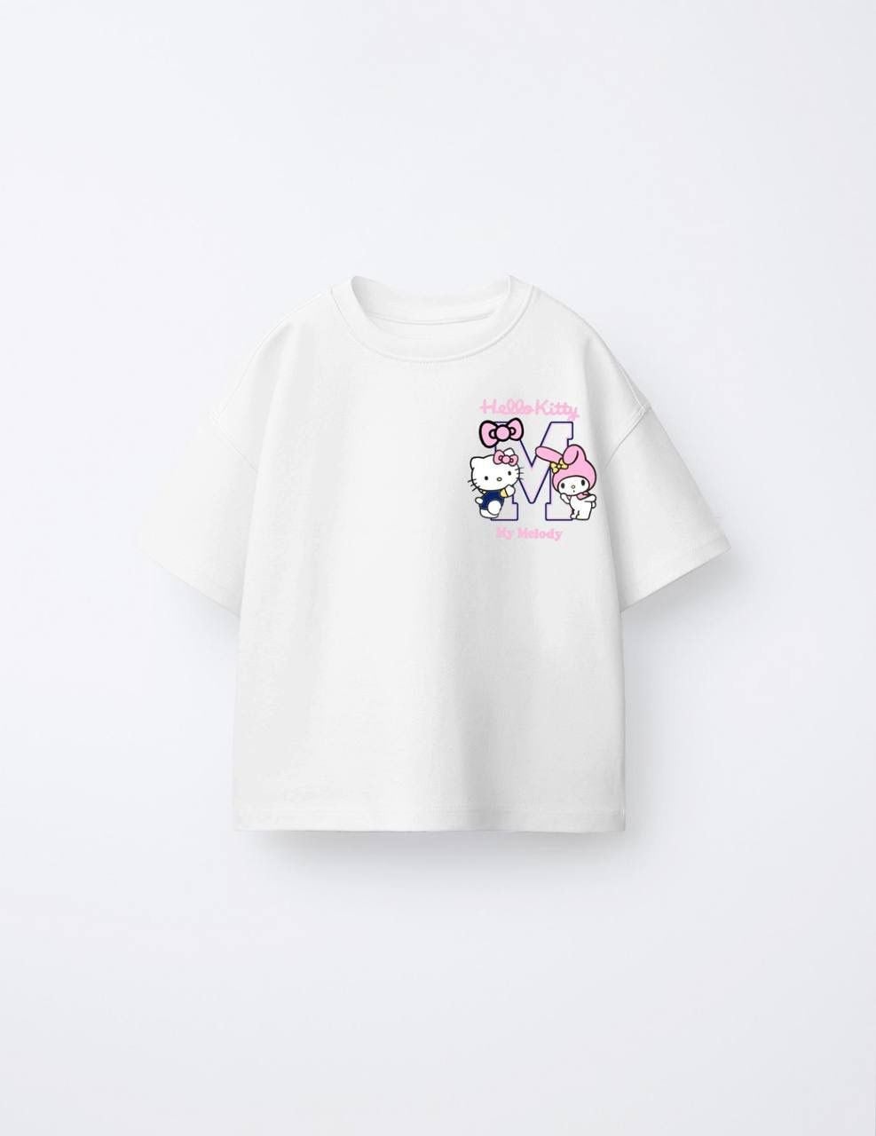 Kız Çocuk Hello Kitty Ön Arka Baskılı Oversize Tshirt Beyaz