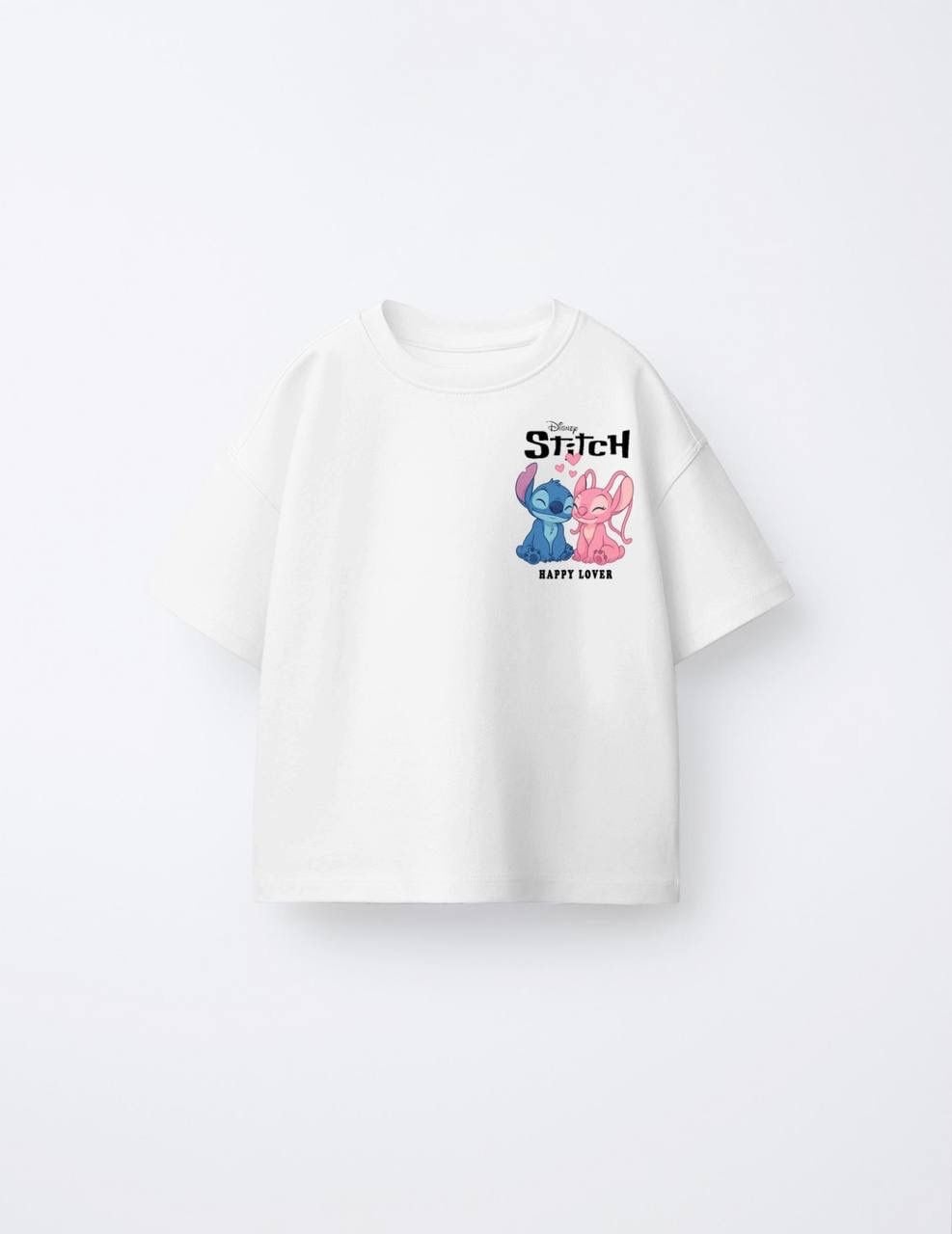 Kız Çocuk Stitch Ön Arka Baskılı Oversize Tshirt Beyaz