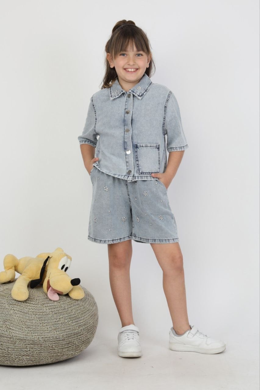 Taşlı Gömlek Şort İkili Denim Set Indigo