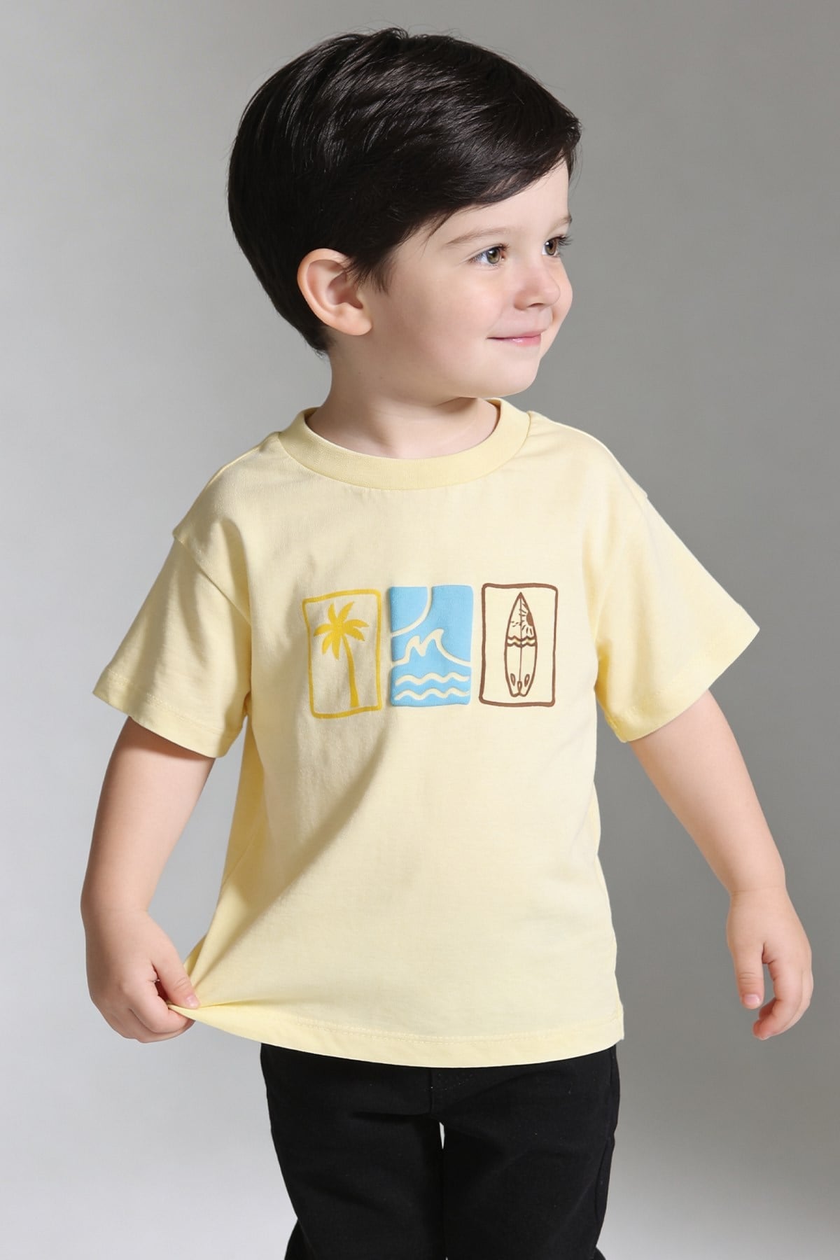 Yaz Temalı Puff Baskılı Oversize T-shirt Sarı