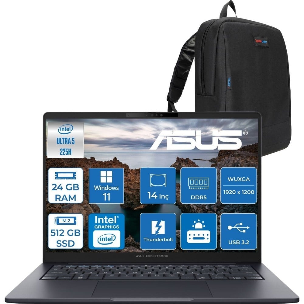 Asus Expertbook B5 B5405CCA Intel® Core™ Ultra 5 225H 24GB Ddr5 512GB SSD 14.0-Inch, Wuxga (1920 x 1200) 300NITS WIN11HOME Taşınabilir Bilgisayar U516512B0DH07+ZETTAÇANTA