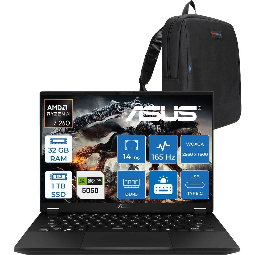Asus Tuf Gaming A14 FA401UH Amd Aı Ryzen 7 260 32GB Ddr5 1tb SSD 8GB/RTX5050 115W 14-Inch, 165Hz 2.5k (2560 x 1600, 400NITS Wqxga Freedos Gaming Laptop ZRG025F03+ZETTAÇANTA