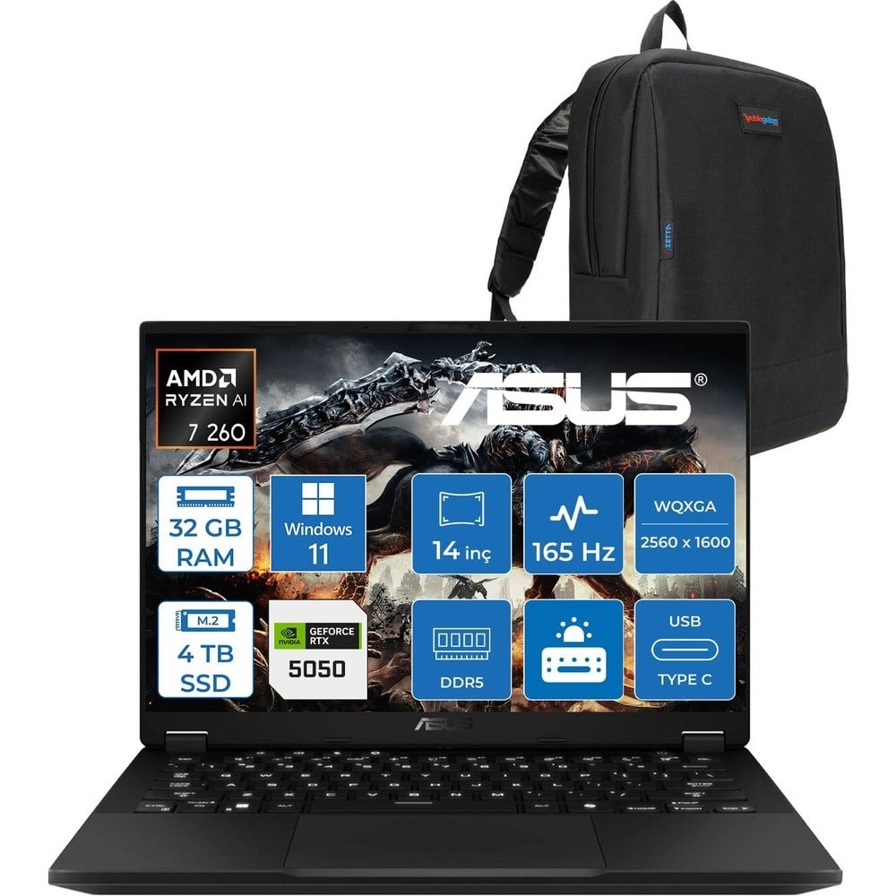 Asus Tuf Gaming A14 FA401UH Amd Aı Ryzen 7 260 32GB Ddr5 4tb SSD 8GB/RTX5050 115W 14-Inch, 165Hz 2.5k (2560 x 1600, 400NITS Wqxga WIN11PRO Gaming Laptop ZRG02P05+ZETTAÇANTA