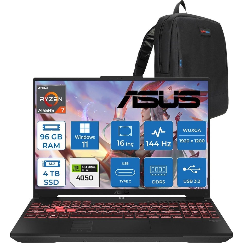 Asus Tuf Gaming A16 (FA607NUG-GAMING) Amd Ryzen™ 7 7445HS 96GB Ddr5 4tb SSD RTX4050/6GB 140W 16-Inch, Fhd+ 16:10 (1920 x 1200, Wuxga) 144Hz IPS WIN11PRO Taşınabilir Bilgisayar RL125P35+ZETTAÇANTA