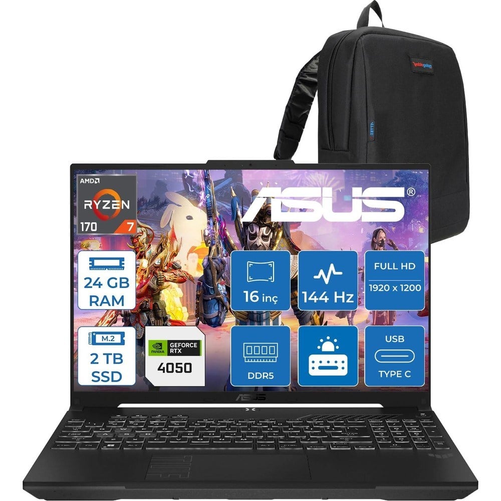 Asus Tuf Gaming A16 (FA607NUQ-GAMING) Amd Ryzen™ 7 170 24GB Ddr5 2tb SSD RTX4050/6GB 140W 16″/fhd+ 16:10 (1920 x 1200, Wuxga) 300 Nits, 144Hz, Freedos Taşınabilir Bilgisayar RL028F09+ZETTAÇANTA