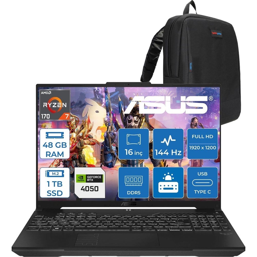 Asus Tuf Gaming A16 (FA607NUQ-GAMING) Amd Ryzen™ 7 170 48GB Ddr5 1tb SSD RTX4050/6GB 140W 16″/fhd+ 16:10 (1920 x 1200, Wuxga) 300 Nits, 144Hz, Freedos Taşınabilir Bilgisayar RL028F18+ZETTAÇANTA