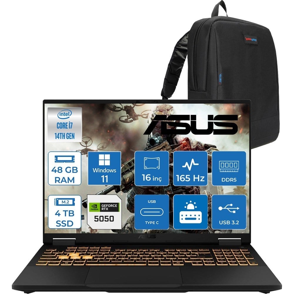 Asus Tuf Gaming F16 FX608JHR 14. Nesil Intel I7-14650HX 48GB Ddr5 4tb SSD 8GB/RTX5050 115W 165Hz 16