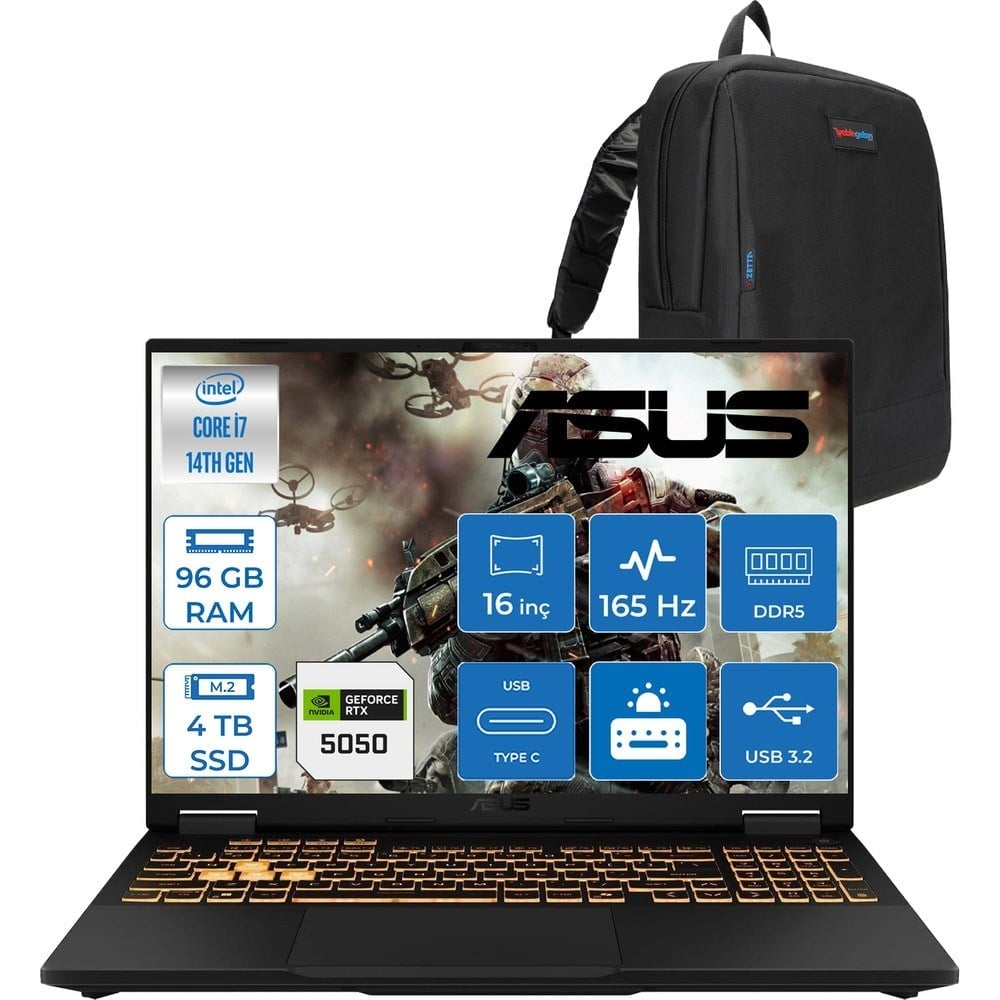 Asus Tuf Gaming F16 FX608JHR 14. Nesil Intel I7-14650HX 96GB Ddr5 4tb SSD 8GB/RTX5050 115W 165Hz 16