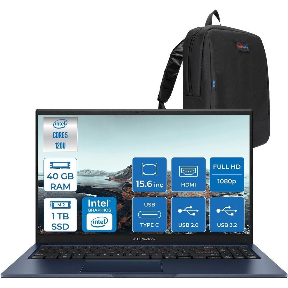 Asus Vivobook X1504VA 15 1.nesil Core 5 120U-40GB-1TB SSD Fhd 15.6inc-Freedos Taşınabilir Bilgisayar ZNJ2861F13+ZETTAÇANTA