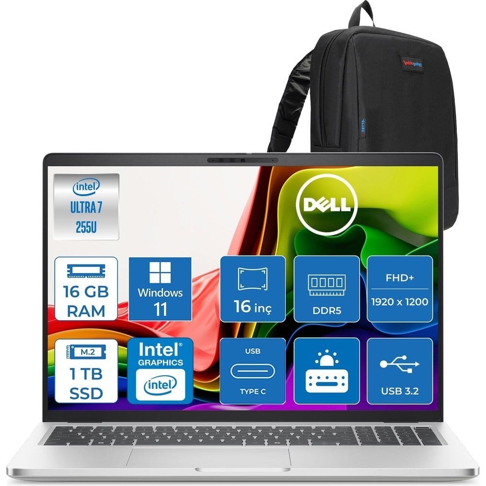 Dell Pro 16 Intel Core Ultra 7 255U 5.2ghz 16GB Ddr5 1tb SSD Windows 11 Pro Intel® Aı Boost 16 Inç IPS Fullhd+ (1920X1200) Taşınabilir Bilgisayar PC16250BTO107P03 + Zetta Çanta