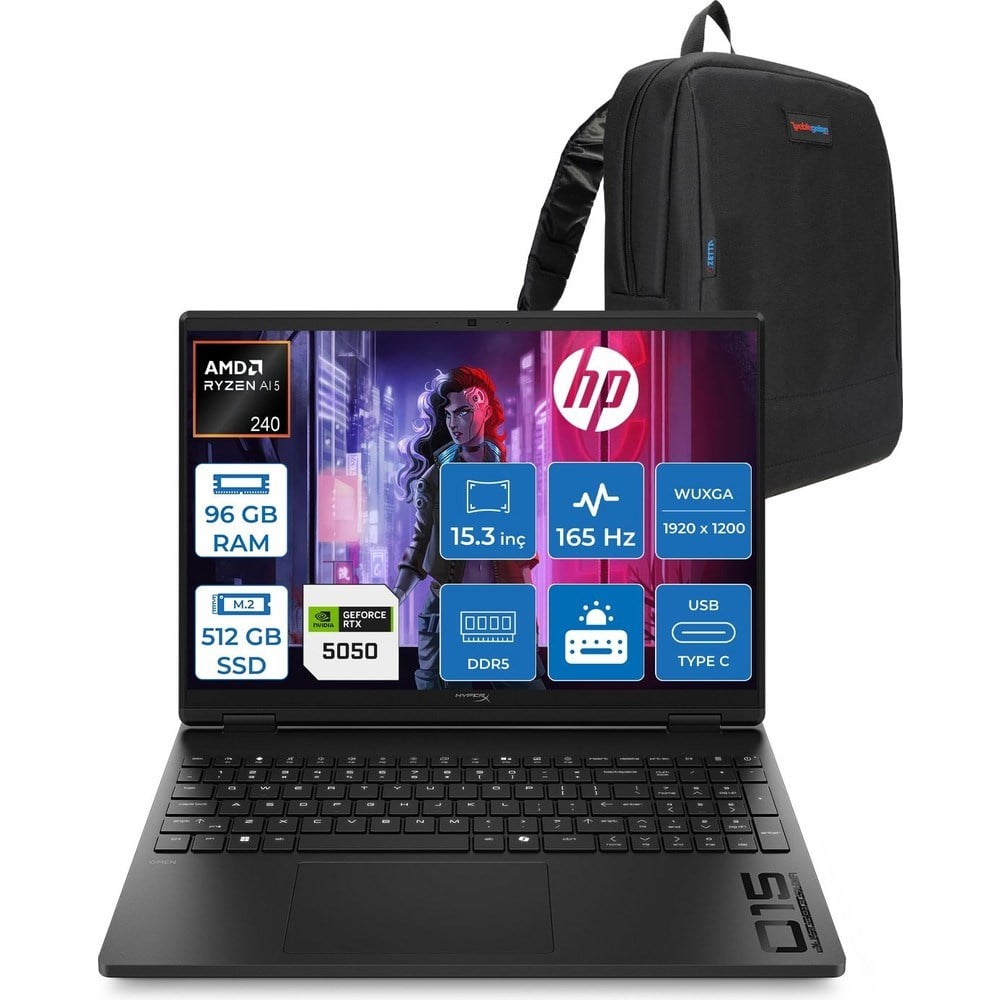 HP Hyperx Omen Amd Ryzen 5 240 96GB Ddr5 512GB SSD 8GB/RTX5050 15.3