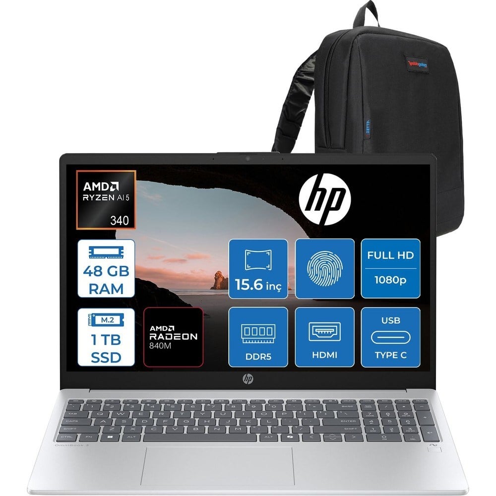 HP Omnibook 3 Next Gen Aı 15-FN0003NT Amd Ryzen™ Aı 5 340 48GB Ddr5 1tb SSD Amd Radeon™ 840M Grafik 15,6